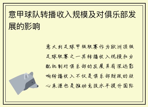 意甲球队转播收入规模及对俱乐部发展的影响