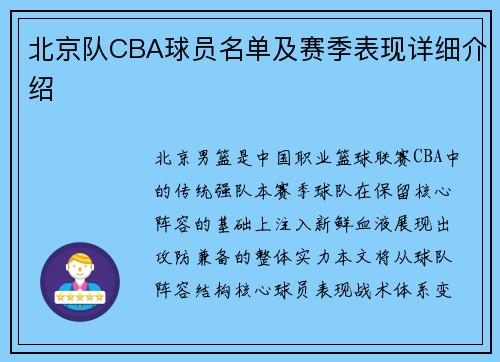 北京队CBA球员名单及赛季表现详细介绍