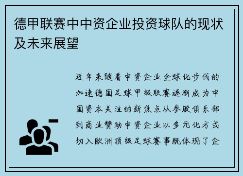 德甲联赛中中资企业投资球队的现状及未来展望